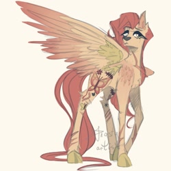 Size: 1556x1556 | Tagged: safe, artist:angsty-art-ist, fluttershy, deer, deer pony, original species, pegasus, pony, g4, alternate color palette, alternate cutie mark, alternate design, alternate hairstyle, chest feathers, cloven hooves, colored hooves, colored sketch, colored wings, female, long hair, long mane, long tail, multicolored wings, one wing out, raised hoof, redesign, scar, solo, species swap, spread wings, tail, tail feathers, tattoo, three quarter view, unshorn fetlocks, wings