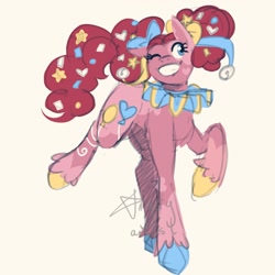 Size: 1417x1417 | Tagged: safe, artist:angsty-art-ist, pinkie pie, earth pony, pony, g4, accessory, afro puffs, alternate color palette, alternate cutie mark, alternate design, alternate hairstyle, bell, bow, colored sketch, confetti, female, glitter, hair bow, hair bun, hoof polish, markings, one eye closed, piebald coat, raised hoof, redesign, ruff (clothing), solo, unshorn fetlocks, wink