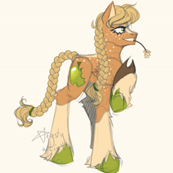 Size: 3464x3464 | Tagged: safe, artist:angsty-art-ist, applejack, earth pony, pony, alternate color palette, alternate cutie mark, alternate design, alternate hairstyle, applejack's hat, braid, braided tail, coat markings, colored hooves, cowboy hat, female, food, freckles, hair tie, hat, hatless, missing accessory, raised hoof, redesign, smiling, socks (coat markings), solo, straw in mouth, tail, unshorn fetlocks, wheat