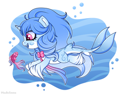 Size: 2000x1554 | Tagged: safe, artist:madelinne, oc, oc only, fish, original species, pony, shark, shark pony, unicorn, blue mane, bubble, chibi, digital art, dorsal fin, ethereal mane, fish tail, flowing mane, flowing tail, horn, ocean, open mouth, open smile, pink eyes, simple background, smiling, solo, starry mane, swimming, tail, teeth, underwater, unshorn fetlocks, water, white background