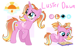 Size: 1118x715 | Tagged: safe, artist:chailicorice, artist:elementbases, luster dawn, pony, unicorn, g4, alternate eye color, alternate hair color, base used, book, cutie mark, female, filly, filly luster dawn, foal, glasses, gradient mane, magical lesbian spawn, mare, offspring, parent:rainbow dash, parent:starlight glimmer, parents:glimmerdash, pigtails, ponytail, reading, reference sheet, self paradox, self ponidox, simple background, solo, transparent background, younger