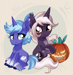 Size: 2353x2387 | Tagged: safe, artist:spookyle, oc, oc only, oc:dream cloud, oc:harvest moon, pony, unicorn, female, halloween, high res, holiday, jack-o-lantern, mare, pumpkin, purple coat