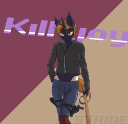Size: 4894x4742 | Tagged: safe, artist:shade stride, oc, oc:killjoy, bat pony, bat pony unicorn, hybrid, unicorn, anthro, fallout equestria, clothes, female, gun, horn, jacket, leather, leather jacket, looking at you, solo, standing, text, watermark, weapon