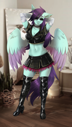 Size: 1600x2800 | Tagged: safe, artist:serodart, oc, oc only, oc:#c0ffee, pegasus, anthro, plantigrade anthro, belly button, boots, breasts, choker, cleavage, clothes, commission, cosplay, costume, emo, eyes closed, female, makeup, mirror, pegasus oc, piercing, room, rule 63, shoes, skirt, solo, wings, yakuza