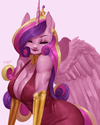 Size: 2808x3508 | Tagged: safe, artist:nire, princess cadance, alicorn, anthro, g4, absolute cleavage, adorasexy, beauty mark, breasts, busty princess cadance, cleavage, clothes, crown, cute, dress, ear piercing, earring, eyes closed, eyeshadow, female, high res, horn, jewelry, lipstick, makeup, mole, necklace, piercing, regalia, sexy, solo, stupid sexy princess cadance, tail, wings