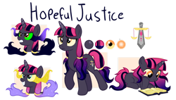 Size: 1188x673 | Tagged: safe, artist:chailicorice, artist:elementbases, artist:raini-bases, oc, oc only, oc:hopeful justice, pony, unicorn, blue eyes, book, colored sclera, cutie mark, fangs, female, filly, foal, gradient hair, gradient horn, gradient mane, gradient tail, horn, lying down, mare, offspring, orange eyes, parent:king sombra, parent:twilight sparkle, parents:twibra, ponytail, reading, reference sheet, simple background, solo, sombra eyes, sparkly mane, starry hair, starry tail, tail, transparent background, unicorn oc, walking