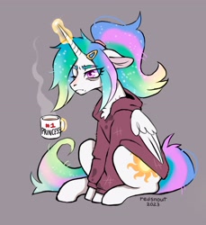 Size: 3298x3593 | Tagged: safe, artist:redsnout, princess celestia, alicorn, pony, g4, bed mane, chest fluff, clothes, ethereal mane, ethereal tail, female, floppy ears, glowing, glowing horn, gray background, grumpy, high res, hoodie, horn, magic, mare, morning ponies, mug, simple background, solo, tail, telekinesis