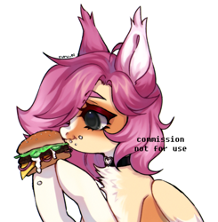 Size: 2048x2087 | Tagged: safe, artist:ruru_01, oc, oc only, hybrid, pegasus, pony, burger, chest fluff, food, hamburger, high res, simple background, solo, white background