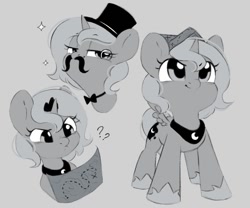 Size: 1200x998 | Tagged: safe, artist:melodylibris, princess luna, alicorn, pony, moonstuck, g4, bowtie, confused, crown, cute, fake moustache, female, filly, foal, grayscale, hat, jewelry, lunabetes, map, monochrome, monocle, question mark, regalia, smiling, solo, sparkles, top hat, woona, younger