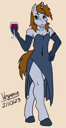 Size: 1381x2683 | Tagged: safe, artist:vesperce, oc, oc:littlepip, unicorn, anthro, fallout equestria, alcohol, clothes, crossdressing, dress, horn, rule 63, simple background, solo, wine