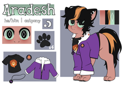 Size: 3000x2000 | Tagged: safe, artist:etoz, oc, oc only, oc:aradesh, cat, cat pony, dinosaur, lion, original species, badge, cat ears, clothed ponies, clothes, ear piercing, earring, emotionless, high res, hood, hoodie, jewelry, male, paw pads, paws, pendant, piercing, reference sheet, shirt, solo, stallion, t-shirt, text, two toned hair