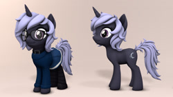 Size: 1920x1080 | Tagged: safe, artist:whiteskypony, oc, oc:moon shard, pony, unicorn, 3d, clothes, female, glasses, mare, solo