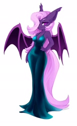 Size: 1255x2048 | Tagged: safe, artist:shooshaa, oc, oc:lilac night, bat pony, anthro, unguligrade anthro, beautiful, beautiful eyes, beautiful hair, beautisexy, breasts, cleavage, clothes, colored pupils, dress, evening gown, female, green dress, hair over one eye, hand on hip, looking at you, pink hair, purple eyes, sexy, simple background, smiling, solo, stupid sexy oc, white background