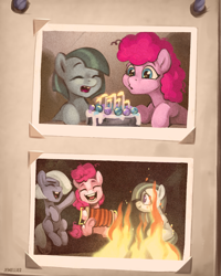 Size: 1501x1875 | Tagged: safe, artist:jewellier, part of a set, limestone pie, marble pie, pinkie pie, earth pony, pony, series:ask the pie sisters, g4, accordion, ask, birthday cake, birthday candles, cake, campfire, candle, cute, daaaaaaaaaaaw, female, filly, filly marble pie, filly pinkie pie, fire, foal, food, hair over eyes, hair over one eye, happy, marbles, missing teeth, mlp art ask (ru), musical instrument, old photo, part of a series, photo album, pie sisters, pie twins, siblings, singing, sisters, twins, younger