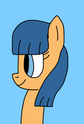 Size: 428x634 | Tagged: safe, artist:daisypie356, first base, pegasus, pony, g4, adorabase, blue background, cute, female, filly, first base's different manes, foal, long hair, long mane, pegasus first base, race swap, rule 63, simple background, smiling, solo, tomboy