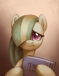 Size: 1100x1400 | Tagged: safe, alternate version, artist:jewellier, marble pie, earth pony, pony, g4, abstract background, book, bust, female, hair over eyes, hair over one eye, hoof hold, looking at you, mare, photo album, portrait, smiling, solo