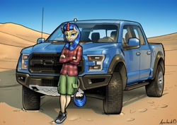 Size: 2048x1448 | Tagged: safe, artist:apocheck13, oc, oc only, oc:cobalt flame, kirin, anthro, anthro oc, car, clothes, converse, flannel shirt, ford, kirin oc, looking at you, male, shoes, shorts, smiling, smiling at you, solo