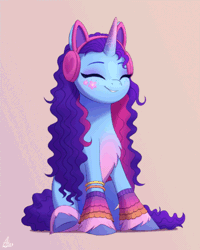 Size: 480x600 | Tagged: safe, artist:luminousdazzle, artist:szafir87, edit, misty brightdawn, pony, unicorn, g5, accessory, alternate hairstyle, animated, belly, bracelet, chest fluff, cute, face paint, gif, headphones, jewelry, loop, mistybetes, perfect loop, simple background, sitting, smiling, solo, toy interpretation, unshorn fetlocks, wavy mane