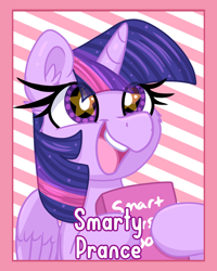 Size: 1200x1500 | Tagged: safe, artist:lbrcloud, twilight sparkle, alicorn, pony, g4, badge, bust, female, mare, portrait, solo, starry eyes, striped background, twilight sparkle (alicorn), wingding eyes