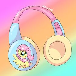 Size: 1000x1000 | Tagged: safe, artist:fruiitypieq, artist:shycookieq, fluttershy, pegasus, pony, g4, female, gradient background, headphones, solo