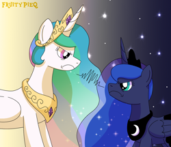 Size: 1312x1126 | Tagged: safe, artist:fruiitypieq, artist:shycookieq, princess celestia, princess luna, alicorn, pony, a royal problem, g4, angry, duo, ethereal mane, eye contact, female, glare, gradient background, looking at each other, looking at someone, starry mane