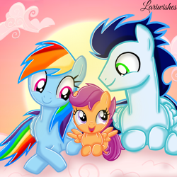 Size: 1400x1400 | Tagged: safe, artist:mlplary6, rainbow dash, scootaloo, soarin', pegasus, pony, g4, boyfriend and girlfriend, cloud, female, filly, foal, happy, lying down, male, mare, scootalove, ship:soarindash, shipping, sibling love, siblings, sisters, smiling, snuggling, stallion, straight, sun, sunset