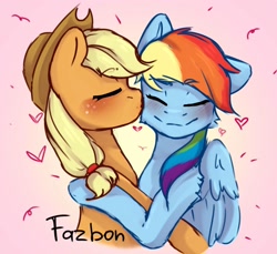 Size: 1600x1464 | Tagged: safe, artist:fazbonz, applejack, rainbow dash, earth pony, pegasus, pony, g4, blushing, cute, dashabetes, duo, eyes closed, female, heart, jackabetes, kissing, lesbian, ship:appledash, shipping