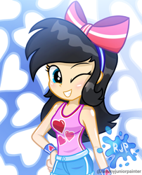 Size: 2015x2490 | Tagged: safe, artist:rjp.rammy, oc, oc:samantha, human, equestria girls, g4, bow, clothes, female, hair bow, high res, one eye closed, shirt, shorts, solo, wink