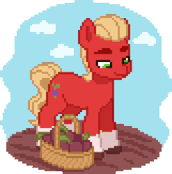 Size: 860x870 | Tagged: safe, artist:luminousdazzle, sprout cloverleaf, earth pony, pony, g5, animated, basket, beet, beetroot, cartoon physics, cloud, earth pony magic, farming, food, gif, hammerspace, magic, male, mouth hold, pixel art, plant, simple background, smiling, solo, stallion, transparent background