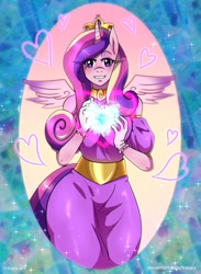 Size: 813x1110 | Tagged: safe, artist:traupa, princess cadance, alicorn, anthro, g4, anime, anime style, clothes, crown, dress, female, heart, jewelry, looking at you, magic, regalia, smiling, smiling at you, spread wings, wings