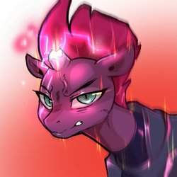 Size: 1159x1159 | Tagged: safe, artist:cold-blooded-twilight, tempest shadow, pony, unicorn, g4, angry, broken horn, female, frown, glare, glowing, glowing horn, gradient background, gritted teeth, horn, looking at you, mare, red background, simple background, solo, teeth, transparent background