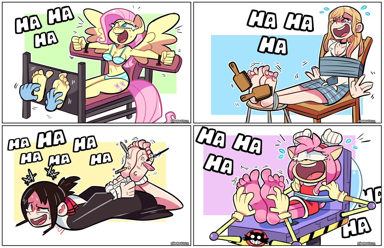 3043578 - suggestive, artist:yourhardnerdcollectr, fluttershy, hedgehog,  human, pegasus, anthro, plantigrade anthro, g4, amy rose, anime, barefoot,  belly button, blue underwear, body writing, bondage, bondage furniture,  bra, breasts, brush, chair ...