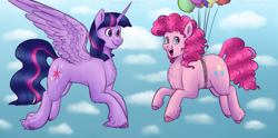 Size: 3201x1583 | Tagged: safe, artist:violetpony11, pinkie pie, twilight sparkle, alicorn, earth pony, pony, g4, balloon, chest fluff, cloud, dock, duo, duo female, female, floating, flying, heart, heart eyes, high res, lesbian, looking at someone, looking at you, mare, open mouth, open smile, ship:twinkie, shipping, sky, smiling, spread wings, tail, then watch her balloons lift her up to the sky, twilight sparkle (alicorn), unshorn fetlocks, wingding eyes, wings