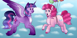 Size: 3201x1583 | Tagged: safe, alternate version, artist:violetpony11, pinkie pie, twilight sparkle, alicorn, earth pony, pony, g4, balloon, chest fluff, cloud, coat markings, dock, duo, duo female, female, floating, flying, heart, heart eyes, high res, lesbian, looking at someone, looking at you, mare, open mouth, open smile, redesign, ship:twinkie, shipping, sky, smiling, spread wings, tail, then watch her balloons lift her up to the sky, twilight sparkle (alicorn), unshorn fetlocks, wingding eyes, wings