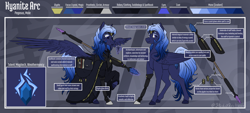 Size: 10000x4500 | Tagged: safe, artist:stardustspix, oc, oc:kyanite arc, pegasus, pony, abstract background, absurd resolution, amputee, armor, bag, blue coat, blue eyes, blue mane, book, circlet, clothes, constructed language, crystal, cutie mark, folded wings, gem, glyph, gradient mane, levitation, looking at something, magic, male, mane, pegasus oc, prosthetic leg, prosthetic limb, prosthetics, reference sheet, robe, runes, saddle bag, solo, spellbook, spread wings, staff, stallion, tail, telekinesis, text, text box, watermark, wings