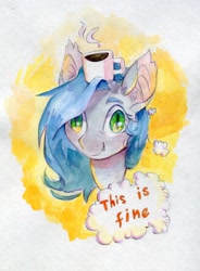Size: 1932x2621 | Tagged: safe, artist:laymy, oc, oc only, bat pony, pony, balancing, bat pony oc, coffee, coffee mug, female, head carry, mare, mug, solo, this is fine, thought bubble, traditional art, watercolor painting