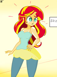 Size: 1536x2048 | Tagged: safe, alternate version, artist:diegosagiro, sunset shimmer, human, equestria girls, g4, clothes, female, inanimate tf, mannequin, mannequin tf, multiple variants, partially undressed, sign, solo, surprised, transformation