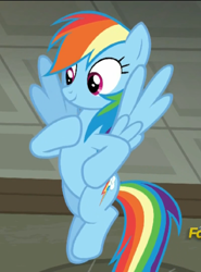 Size: 800x1080 | Tagged: safe, screencap, rainbow dash, pegasus, pony, g4, season 6, the saddle row review, cute, dashabetes, discovery family, discovery family logo, female, flying, hoof on chest, hoof on hip, logo, mare, smiling, solo, spread wings, wings