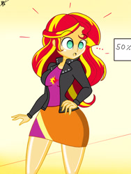 Size: 1536x2048 | Tagged: safe, alternate version, artist:diegosagiro, sunset shimmer, human, equestria girls, g4, female, inanimate tf, mannequin, mannequin tf, multiple variants, sign, solo, surprised, transformation