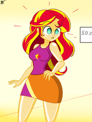 Size: 1536x2048 | Tagged: safe, alternate version, artist:diegosagiro, sunset shimmer, human, equestria girls, g4, clothes, female, inanimate tf, mannequin, mannequin tf, multiple variants, partially undressed, sign, solo, surprised, transformation