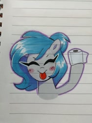 Size: 720x960 | Tagged: safe, artist:darkynez, oc, oc only, oc:spooky glare, pony, blushing, eyes closed, lined paper, raspberry, solo, toilet paper roll, tongue out, traditional art
