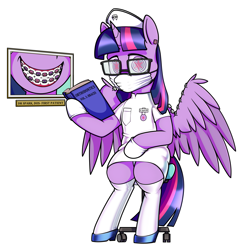 Size: 3900x3900 | Tagged: safe, artist:dacaoo, twilight sparkle, alicorn, pony, g4, alternate universe, book, braces, brainwashed, brainwashing, chair, clothes, cutie mark eyes, cutie mark on clothes, dentist, dentist fetish, doctor, dress, ear piercing, earring, glasses, gloves, hat, high heels, high res, holding, horn, hypnosis, hypnotized, jewelry, latex, latex dress, latex gloves, latex socks, latex stockings, leaning, mask, name tag, nerd, nurse, nurse hat, photo, picture, picture frame, piercing, reading, shoes, simple background, sitting, socks, solo, spread wings, standing on two hooves, stockings, surgical mask, swirly eyes, text, textbook, thigh highs, tooth, twilight sparkle (alicorn), uniform, white background, wing jewelry, wing piercing, wingding eyes, wings