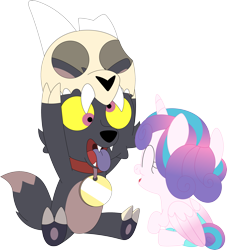 Size: 3241x3563 | Tagged: safe, artist:porygon2z, princess flurry heart, alicorn, pony, titan, g4, baby, baby pony, broken horn, collar, crossover, cute, derp, duo, duo male and female, female, filly, flurrybetes, foal, funny face, high res, horn, king clawthorne, male, pet tag, show accurate, silly face, simple background, skull, the owl house, tongue out, transparent background, vector