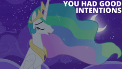 Size: 1920x1080 | Tagged: safe, edit, edited screencap, editor:quoterific, screencap, princess celestia, alicorn, pony, g4, horse play, crescent moon, crown, ethereal mane, eyes closed, female, jewelry, mare, moon, night, open mouth, peytral, regalia, solo, sparkles, stars