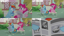 Size: 4400x2475 | Tagged: safe, edit, edited screencap, editor:quoterific, screencap, a.k. yearling, pinkie pie, rainbow dash, earth pony, pegasus, pony, daring done?, g4, bench, book, bowl, chopsticks, clothes, duo focus, female, food, frown, glasses, grin, hat, lidded eyes, mare, newspaper, noodles, open mouth, question mark, rainbow dash is best facemaker, reading, robe, shocked, shocked expression, smiling