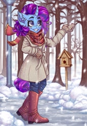 Size: 1411x2048 | Tagged: safe, artist:falafeljake, oc, oc only, unicorn, anthro, bird house, boots, clothes, commission, denim, gloves, high heel boots, jacket, jeans, pants, scarf, shoes, snow, snowfall, solo, tree, winter