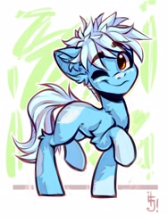 Size: 1200x1600 | Tagged: safe, artist:falafeljake, oc, oc only, earth pony, pony, blue skin, ear fluff, leg fluff, one eye closed, solo