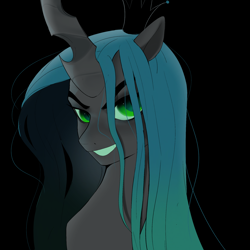 Size: 2048x2048 | Tagged: safe, artist:aztrial, queen chrysalis, changeling, changeling queen, g4, black background, crown, female, grin, high res, jewelry, regalia, simple background, smiling, solo