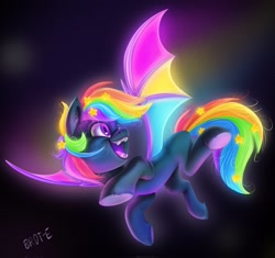 Size: 2048x1927 | Tagged: safe, artist:brdte, oc, oc only, oc:prism star, bat pony, pony, bat pony oc, colored wings, fangs, flying, glowing, multicolored hair, multicolored wings, open mouth, open smile, rainbow hair, rainbow wings, signature, smiling, solo, spread wings, underhoof, wings