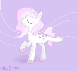 Size: 500x455 | Tagged: safe, artist:cottonsulk, fleur-de-lis, pony, unicorn, g4, eyes closed, male, purple background, raised leg, rule 63, simple background, solo, stallion